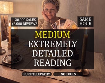 May include: A woman with glasses and a patterned headband holds tarot cards. The image features text that reads "MEDIUM EXTREMELY DETAILED READING" and "PURE TELEPATHY NO TOOLS". Lit candles and a lamp are visible, creating a mystical atmosphere.