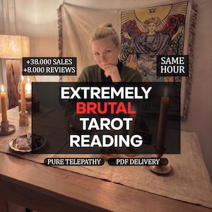 May include: A person with blonde hair and glasses sits at a table with candles and a tapestry featuring the Lovers tarot card. Text overlays include +38.000 SALES, +8.000 REVIEWS, SAME HOUR, EXTREMELY BRUTAL TAROT READING, PURE TELEPATHY, and PDF DELIVERY.
