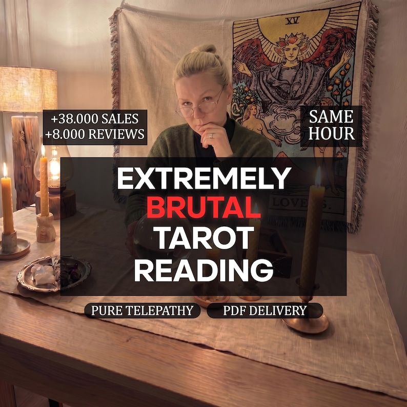 May include: A person with blonde hair and glasses sits at a table with candles and a tapestry featuring the Lovers tarot card. Text overlays include +38.000 SALES, +8.000 REVIEWS, SAME HOUR, EXTREMELY BRUTAL TAROT READING, PURE TELEPATHY, and PDF DELIVERY.