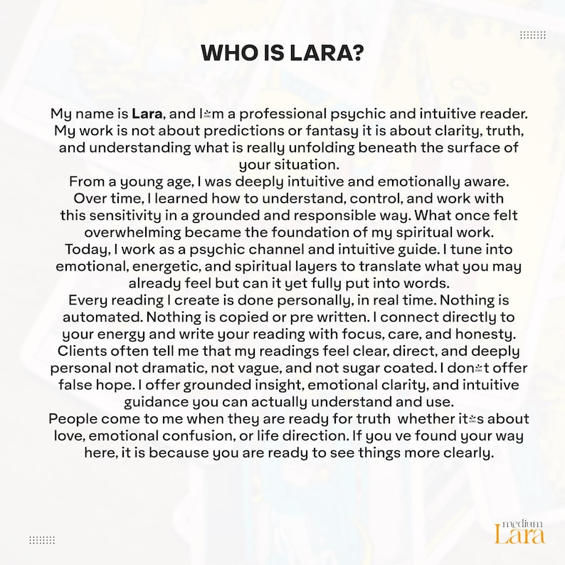 Pode incluir: Fundo branco com o texto "QUEM &Eacute; LARA?" e uma descri&ccedil;&atilde;o dos servi&ccedil;os de leitura ps&iacute;quica e intuitiva de Lara. O texto explica sua abordagem para fornecer clareza e compreens&atilde;o em v&aacute;rias situa&ccedil;&otilde;es da vida.