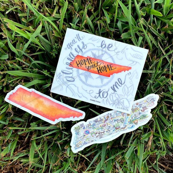 Tennessee Sticker Set of 3 - Home Sweet Home rectangle sticker, Orange watercolor TN die cut sticker, and my TN Map sticker - vinyl decal