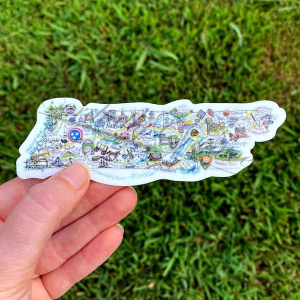 Tennessee sticker featuring my watercolor TN Map Illustration - die cut in shape of TN,  5" wide vinyl decal that is water and weatherproof