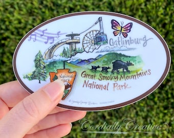 Smoky Mountain sticker - oval vinyl sticker, water and weatherproof featuring Great Smoky Mountain National Park, Gatlinburg, Clingmans Dome