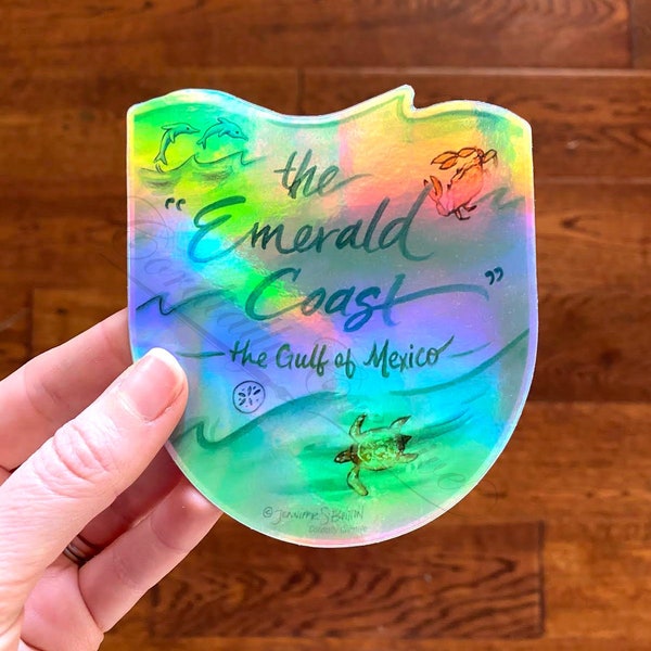 Emerald Coast sticker - holographic! - vinyl featuring the dolphin, a sea turtle, a crab and the waves of the beach on Florida's Gulf Coast
