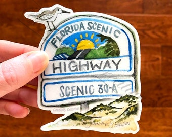 Hwy 30a sticker featuring the highway road sign found along 30a, vinyl sticker for Scenic 30a, Florida, Seaside, Rosemary, Grayton, Inlet
