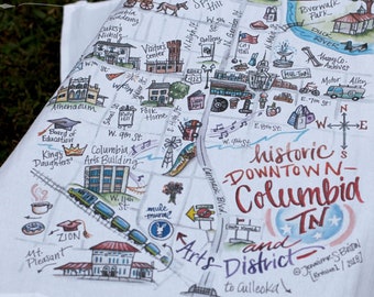 Columbia TN Tea Towel with map illustration, digitally printed on white teat towel with loop - great for a housewarming or Christmas gift!