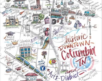 Columbia TN map illustration poster print 11x14 inches, digitally printed on heavy white linen card stock - watercolor illustrated mule town