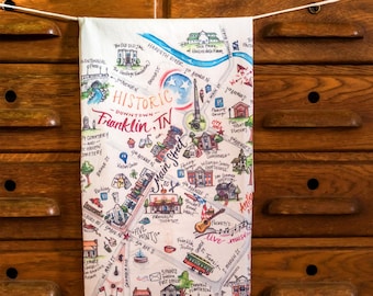 Franklin TN Tea Towel with map illustration, digitally printed on white teat towel with loop - great for a housewarming or Christmas gift!