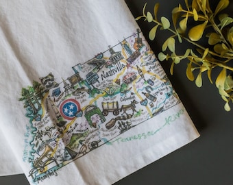 Tennessee Tea Towel, watercolor illustration digitally printed on white cotton towel with loop- TN map, Nashville, Smoky Mountains, Memphis