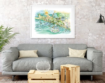 30a map illustration LARGE DELUXE print 30x20 inches on Matte Textured Fine Art Cold Press Paper, watercolor of Seaside, Rosemary Beach, FL