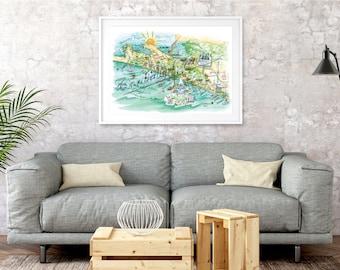 30a map illustration LARGE DELUXE print 30x20 inches on Matte Textured Fine Art Cold Press Paper, watercolor of Seaside, Rosemary Beach, FL