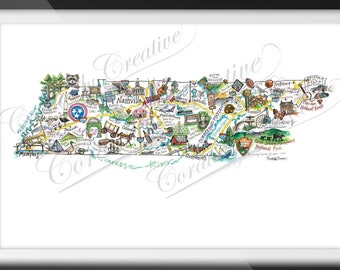 Illustrated Tennessee Map, watercolor print, TN, Nashville, Memphis, Gatlinburg, Cookeville, Smoky Mountains, state park, travel gift