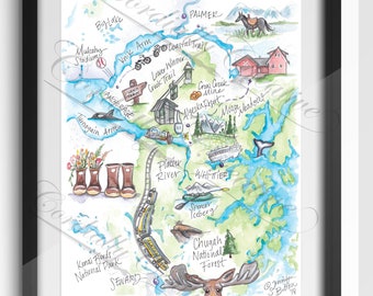 Girdwood Alaska map illustration poster print 11x14 inches, digitally printed on heavy card stock - watercolor illustrated Anchorage, Seward