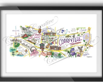 Cookeville map illustration poster print 11x17 in, digitally printed - watercolor illustrated TN, Tennessee, TTU, Cummins Falls State Park