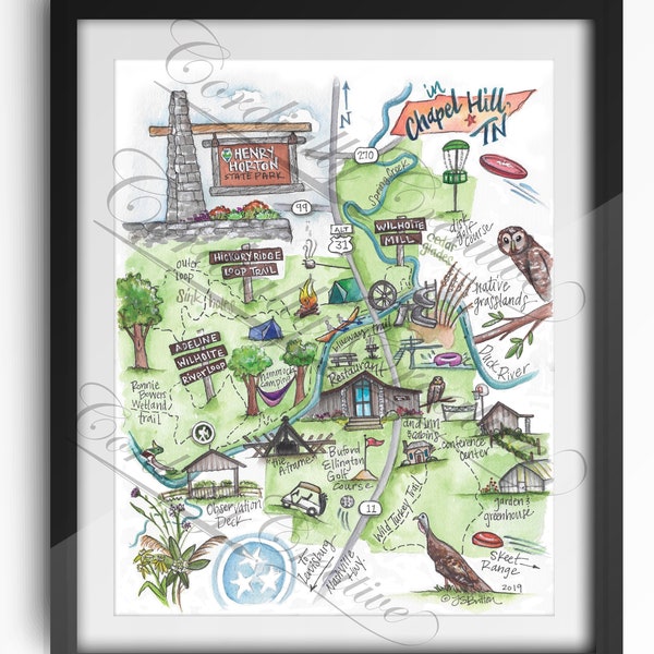 Henry Horton State Park map illustration poster print 11x14 inches, digitally printed on heavy white linen card stock - Tennessee State Park