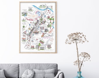 Franklin Map illustration LARGE DELUXE print 30x20 inches on Matte Textured Fine Art Cold Press Paper, big watercolor Franklin TN Tennessee