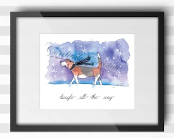 Beagle watercolor illustration print 8x10 inches, beagle all the way, winter art, digitally printed on white linen stock, unique gift, decor