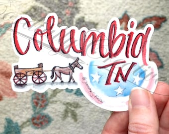 Columbia TN sticker with mule and buggy and Tennessee tri-star,  4" wide vinyl sticker that is water and weatherproof