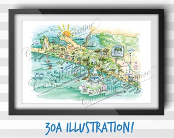 30a map illustration poster print 11x17 inches, digitally printed on white linen card stock - watercolor illustrated Seaside, Rosemary Beach