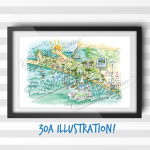 30a map illustration poster print 11x17 inches, digitally printed on white linen card stock - watercolor illustrated Seaside, Rosemary Beach