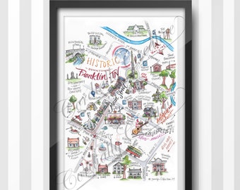 Franklin TN map illustration poster print 11x17 inches, digitally printed on heavy white card stock - watercolor illustrated main street