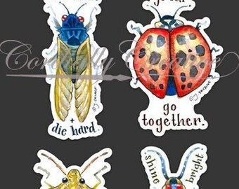 Unhinged Insect STICKERS, watercolor illustrated vinyl waterproof decals bugs, watercolor cicada, lightning bug, lady bug, beetle, stink bug