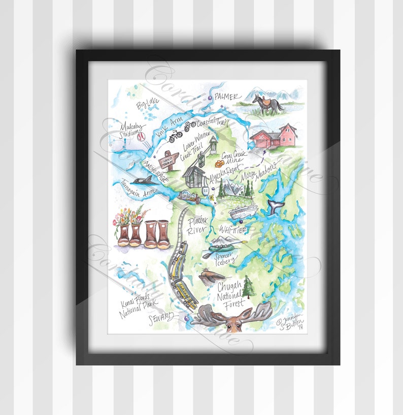 Girdwood Alaska map illustration poster print 11x14 inches, digitally printed on heavy card stock watercolor illustrated Anchorage, Seward image 1