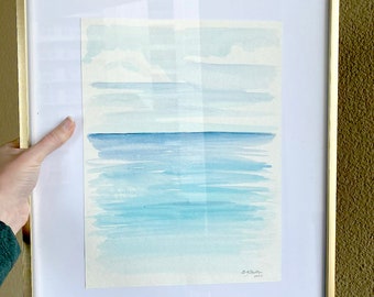 Beach 2 ORIGINAL Watercolor Art in gold frame, a minimal interpretation of the beach - framed and ready to gift / beach home condo decor