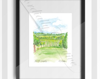 Arrington Vineyards print 8x10", a watercolor illustration featuring their landscape, digitally printed on white linen stock, Franklin TN