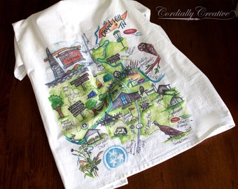 Henry Horton Tea Towel with map illustration, digitally printed on white teat towel with loop - Henry Horton State Park in Tennessee, TN