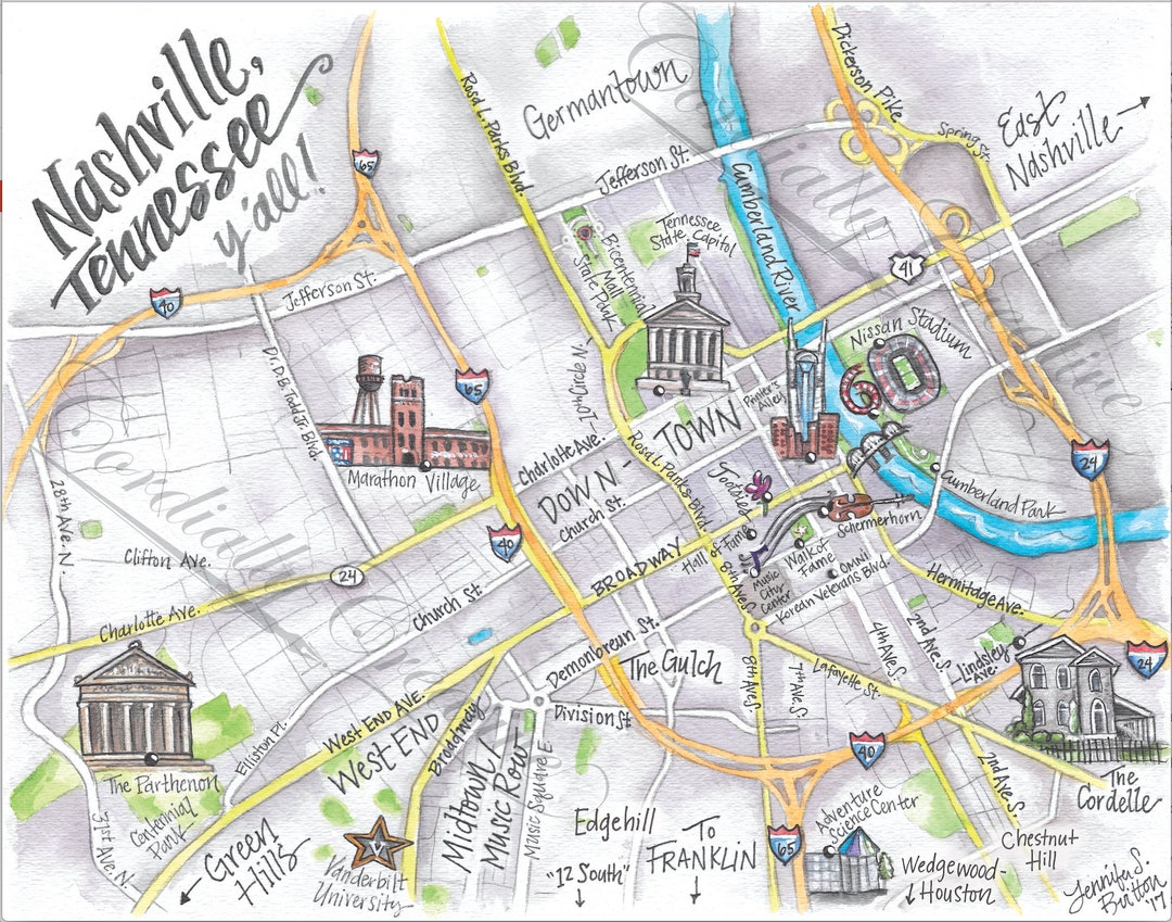 Downtown Nashville Map Watercolor Illustration Print, Digitally Printed on White Linen Stock ...
