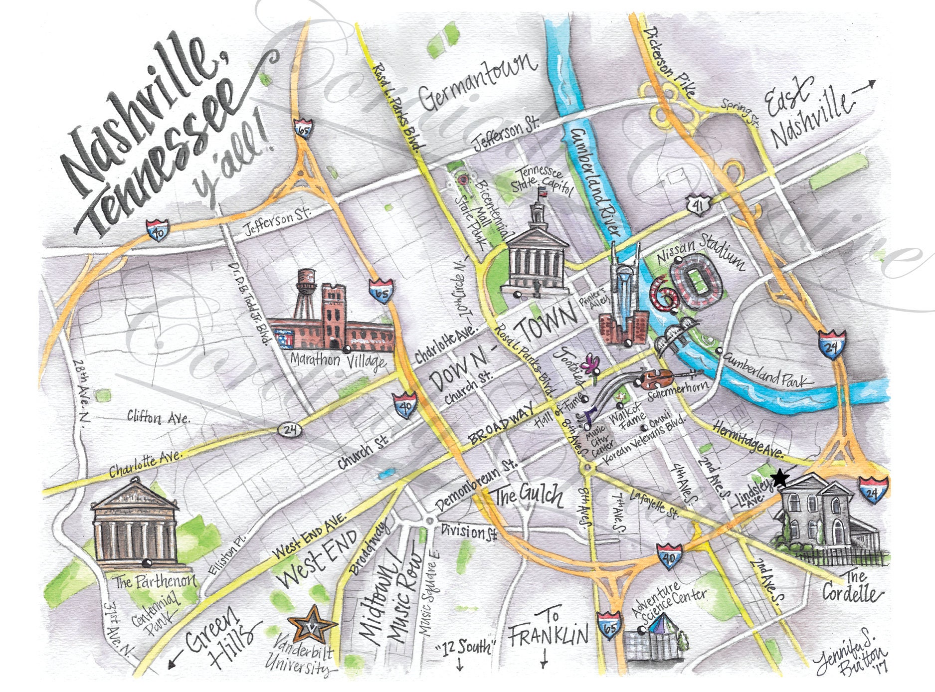 Map Downtown Nashville Tn Nashville Map Cards Featuring The Cordelle For Weddings Or | Etsy