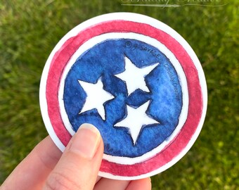Tennessee Tri-Star sticker in TN flag red and blue, 3" circle vinyl sticker that is waterproof by Cordially Creative, decal, Father's Day