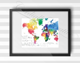 World Map watercolor illustration "Not All Who Wander Are Lost" print 8x10 inches, digitally printed on white linen stock, unique gift art