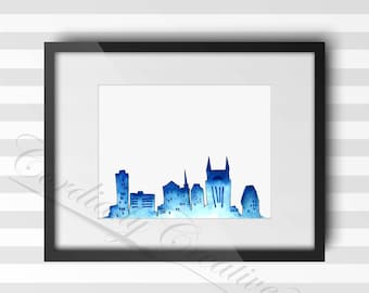 Nashville Skyline watercolor illustration print 8x10 inches, digitally printed on white linen stock, unique gift for travel or Southern love