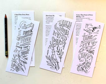 Printable Hymn illustrated bookmarks! hand drawn, featuring Come Thou Fount, How Great Thou Art, and I Need Thee Every Hour with  birds PDF