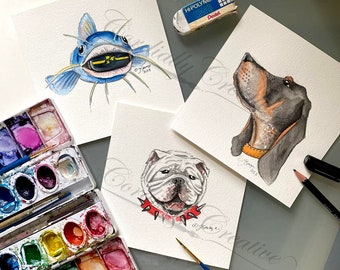 Sports Animals ORIGINAL Watercolor Art, hand painted watercolors of a Nashville catfish, a Georgia bulldog, and a Tennessee hound football