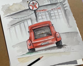 Cars and  Coffee ORIGINAL Watercolor Art, features Columbia Motor Works off the square in downtown Columbia TN, Maury County