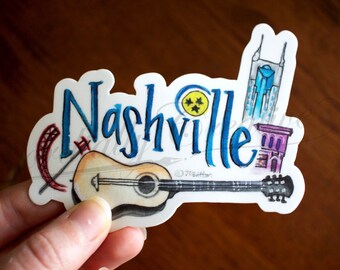 Nashville TN sticker feat. my watercolor of the city skyline from downtown and guitar, vinyl sticker that is waterproof, Cordially Creative