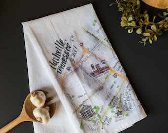 Nashville Tea Towel, watercolor illustration digitally printed on white cotton towel with loop - downtown Nashville TN, Broadway, Parthanon
