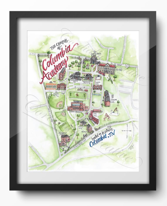 Columbia Academy Campus Map Illustration Poster Print 11x14 Inches