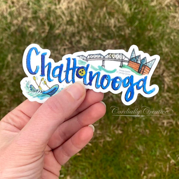 Chattanooga TN sticker featuring the aquarium, Walnut Street Bridge, and river raft - vinyl sticker that is waterproof