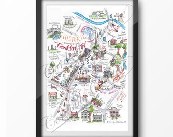 Franklin Map illustration LARGE CANVAS print 24x36" inches on stretched canvas, 0.75 in. deep, printed in the USA