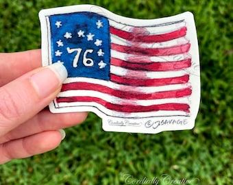 1976 Flag sticker, hand painted with watercolors, waterproof vinyl sticker, decal, America, Betsy Ross flag, patriotic, USA, US flag, 76,