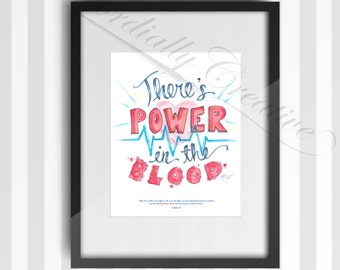 CLEARANCE There's Power in the Blood print 8x10 in, digitally printed watercolor illustration 1 John 1:7 on white linen stock, nurse gift