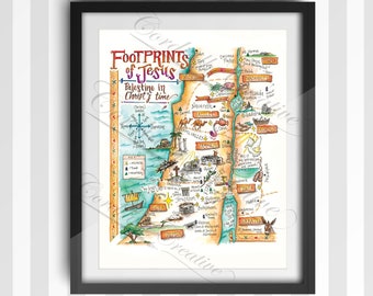 Footprints of Jesus Map illustration print, digital print on white linen card stock - Bible lands, Palestine, Israel, Classroom, Easter gift