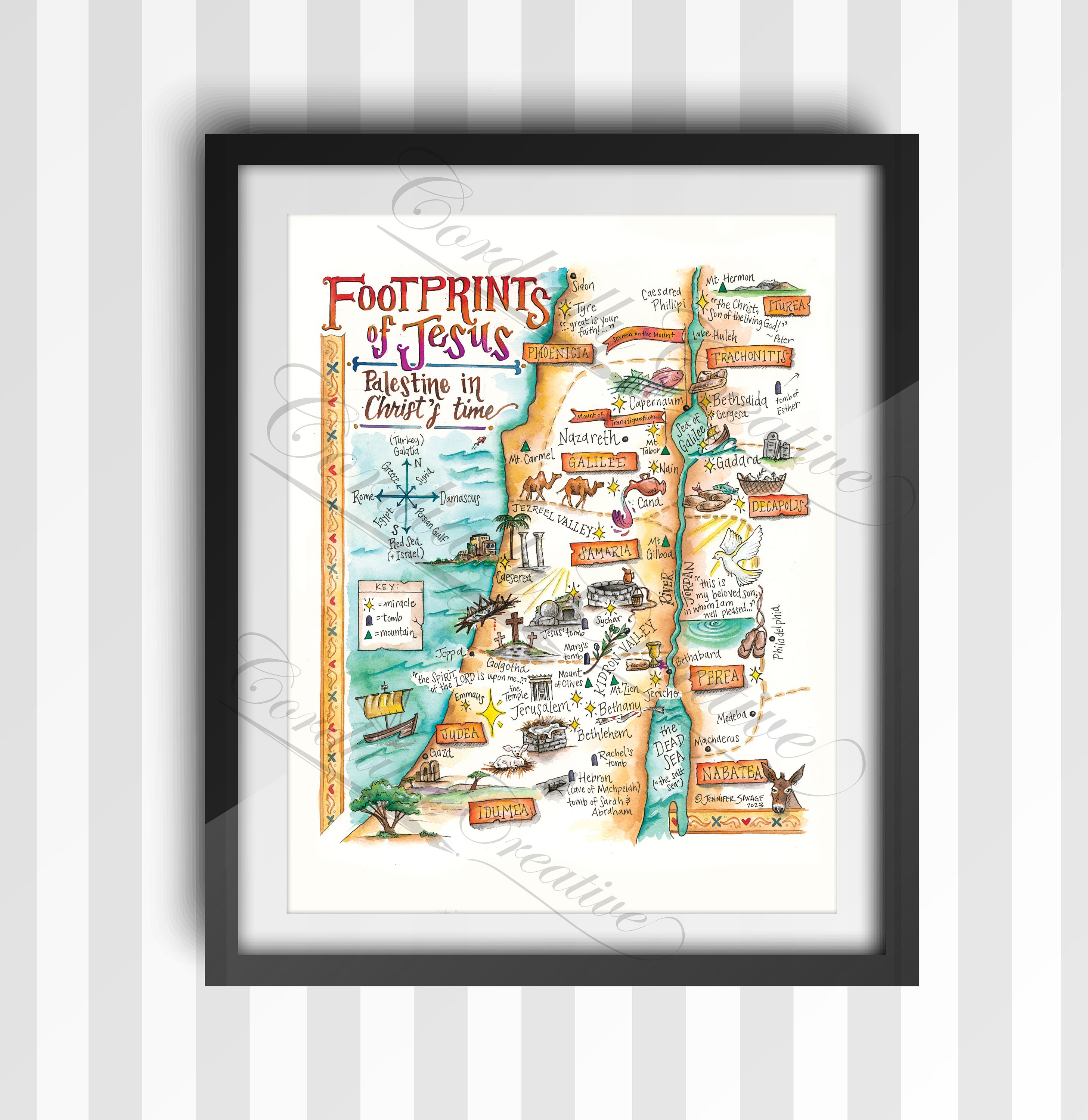 Footprints of Jesus Map Illustration Print 11x14 In, Digital Print on