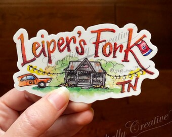 Leiper's Fork sticker, vinyl sticker, waterproof, featuring Tennessee town with General Lee car, Lawn Chair Park, a TN flag, watercolor