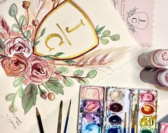 Illustrated Florals - Valentine special! Hand drawn and painted with watercolors, custom created, unique gift, handmade with couple initials