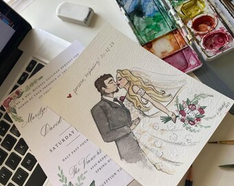Illustrated Couple Wedding Portrait - Valentine special! Hand drawn and painted with watercolors, custom created, unique gift, handmade